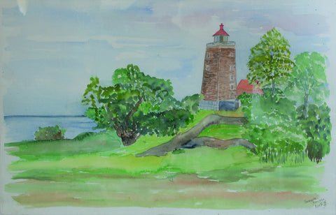 Håndlavede akvarel maleri af et fyrtårn på en ø